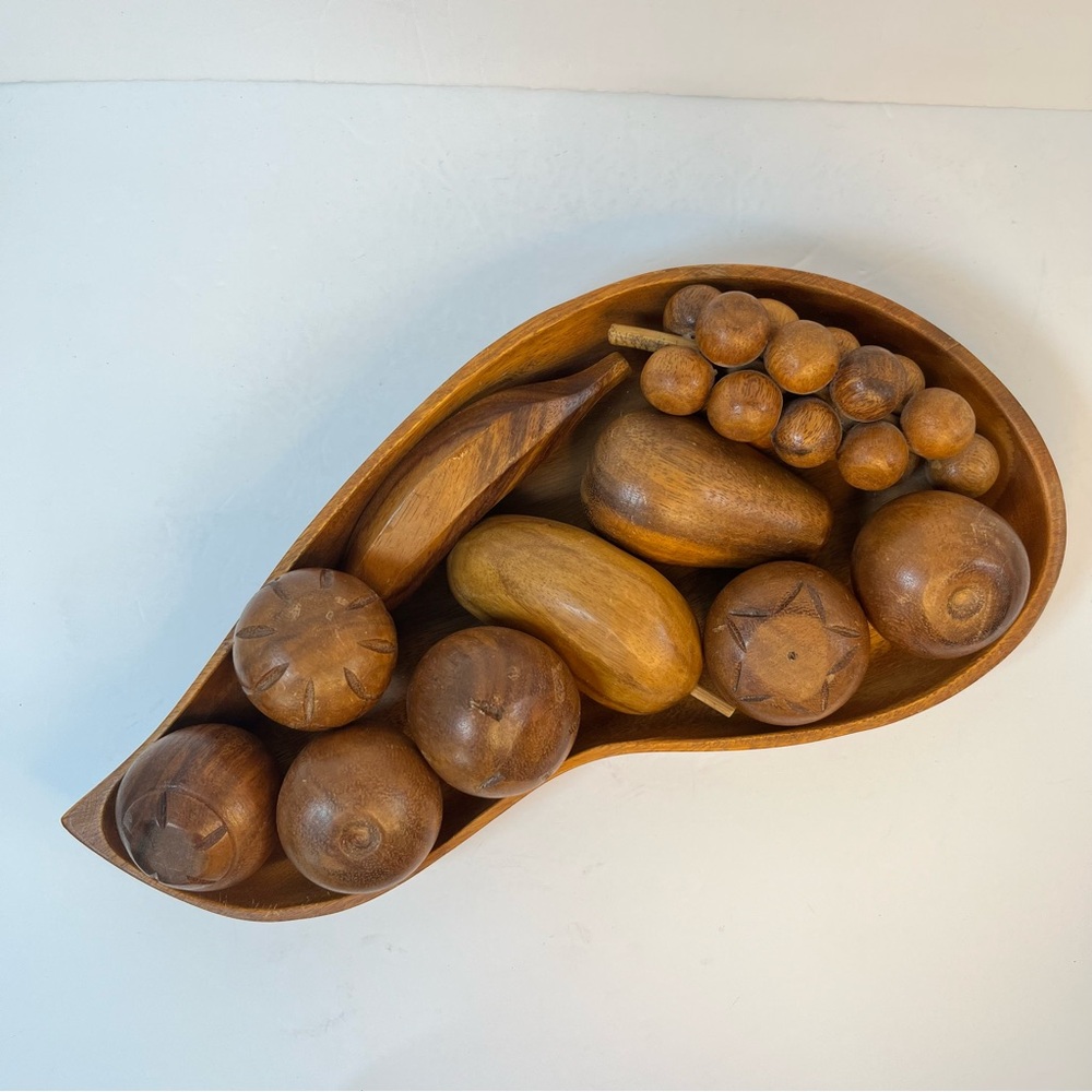 Vintage Mid Century MCM 11 pc Hand Carved Wooden Monkey Pod Leaf Bowl with Fruit - Picture 2 of 13